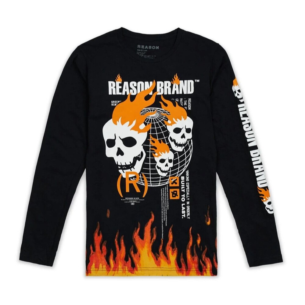 Reason T-Shirt Men’s Large Gray (Black Heather) Flaming Skulls Long Sleeve